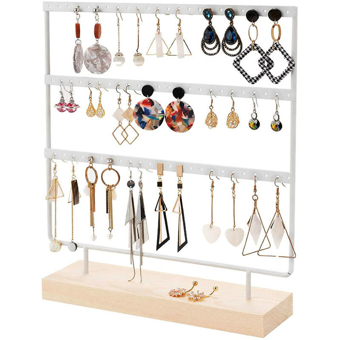 Jewellery stand, white lacquered iron and pine, 69 holes, 30x27x7 cm