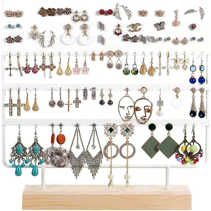 Jewellery stand, white lacquered iron and pine, 144 holes, 30x28,5x7 cm