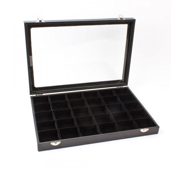 Display box, black leatherette and velours, glass lid and 30 compartments, 1pc