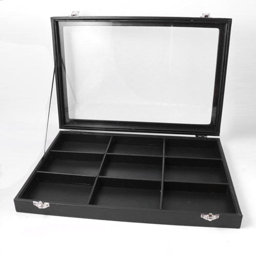 Display box with lid and 9 black compartments, black leatherette, 1pc