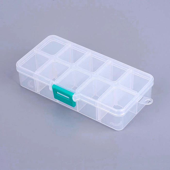 Organizer box for beads, pills etc., plastic, 10 adjustable compartments 13.5x7x3cm, 1pc