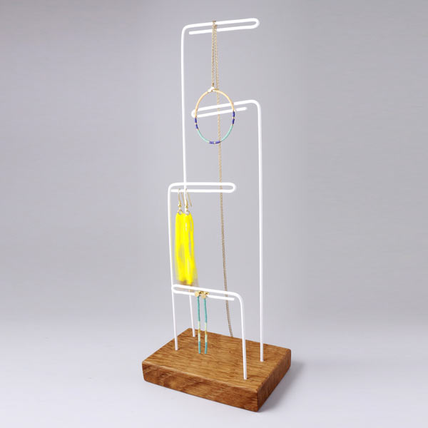 Jewelry display, Danish oak and 4 white metal rods, 29x11x7 cm, 1pc