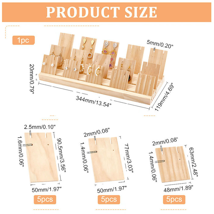 Jewellery stand for earrings and earstuds, wood, 3 rows, 34.5x12x2 cm, 1 set