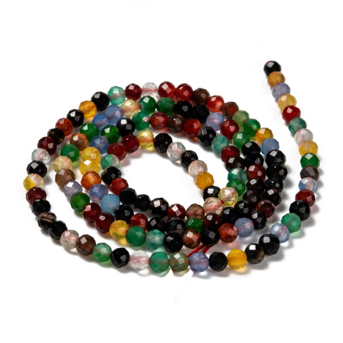 Dyed agate beads, mix of colors, entire strand, faceted round, 3mm. 130pcs