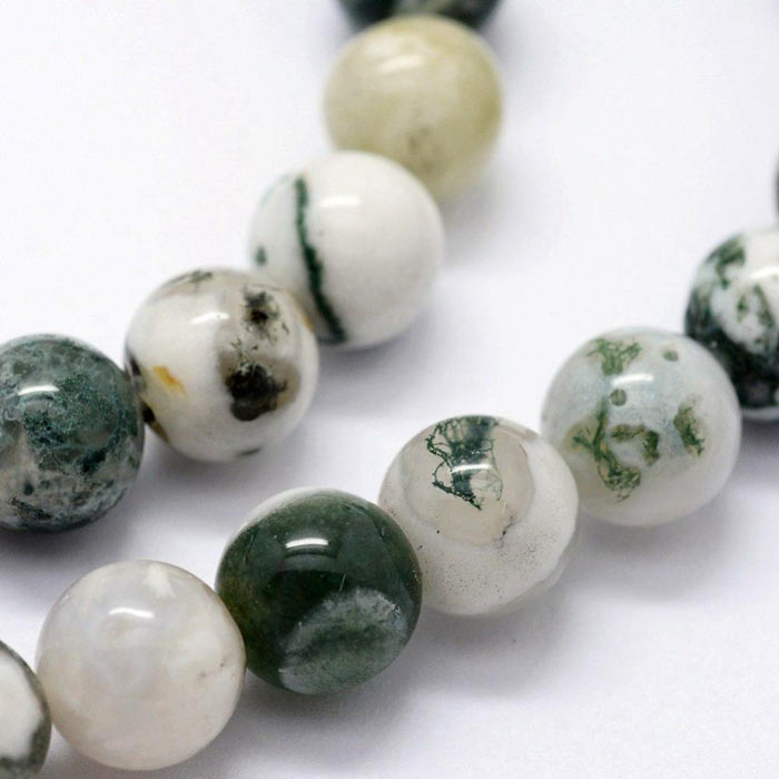 Wood-agate bead, round, marbled, white/green 6 mm, 10 pieces