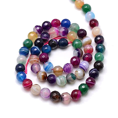 Dyed banded agate, entire strand, mied colors, faceted, round, 6mm. 65pcs.