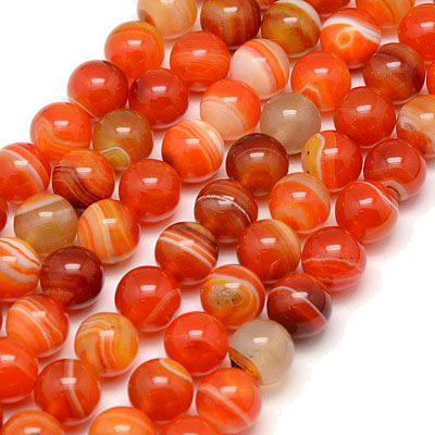 Striped agate, dyed, orange-red, round bead, 12mm, 6pcs