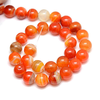 Striped agate, full strand, dyed, orange-red, round bead, 12mm, ca. 33pcs