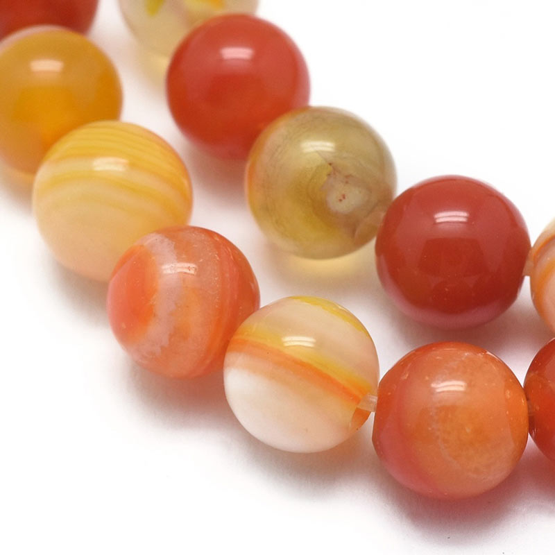 Striped agate, dyed, orange-red, round bead, 8mm, 6pcs