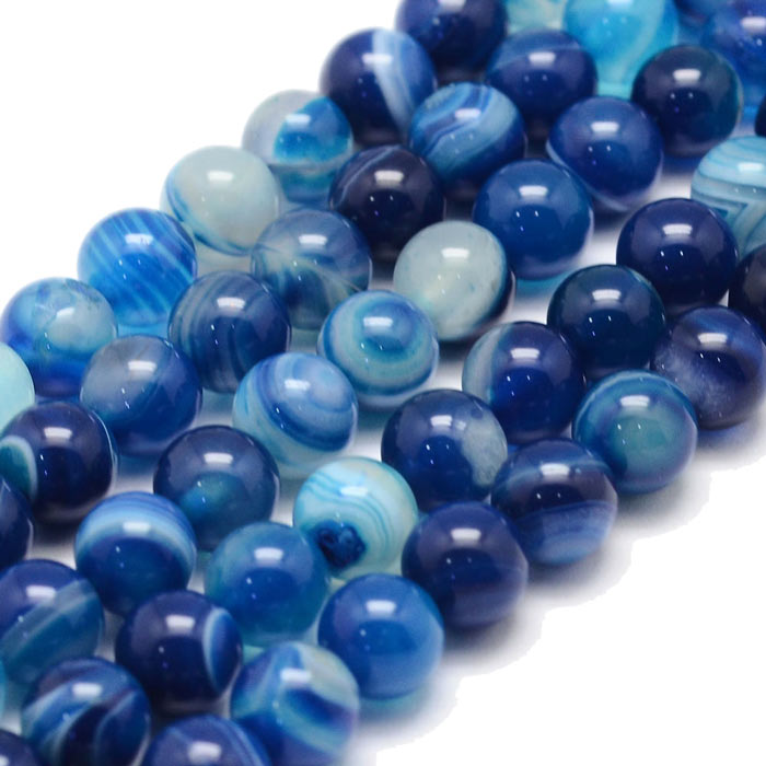 Dyed banded agate bead, blue striped, round, 6mm. 10 pcs.