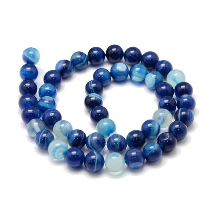 Dyed banded agate bead, blue striped, round, 6mm. 10 pcs.