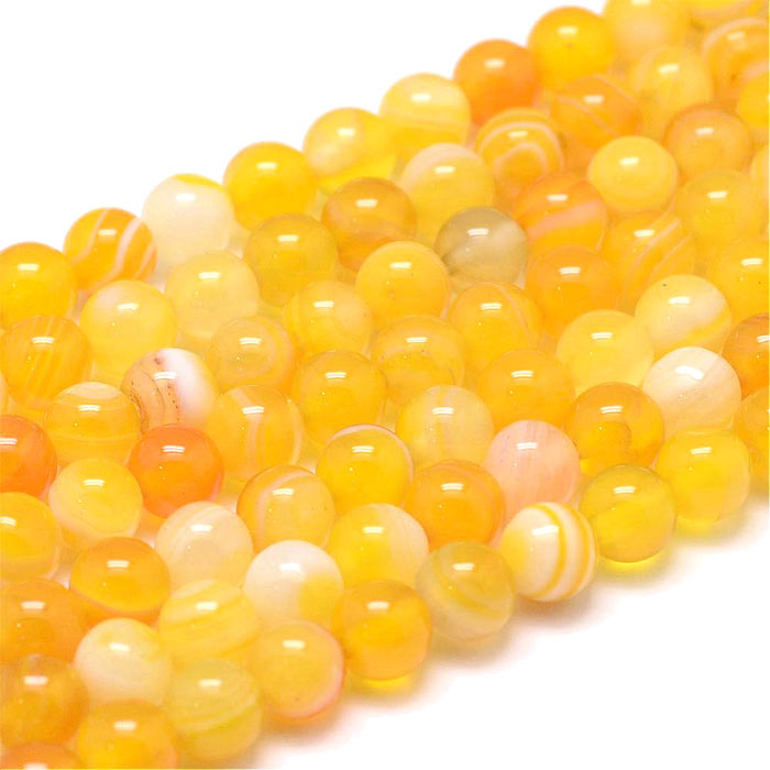 Dyed striped agate, yellow, round bead, 6mm. 10pcs.