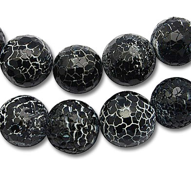 Cracked black agate, round facetted bead, 10mm, 6pcs.