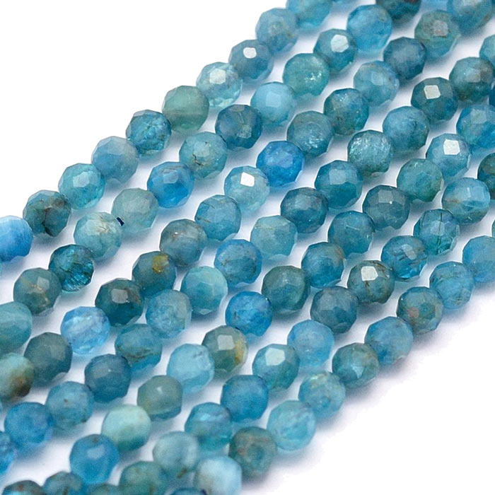 Natural apatite, round, faceted, colour improved, turquoise-blue, 3mm, 130pcs
