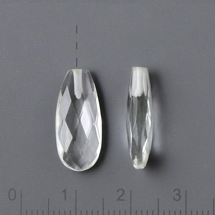 Mountain quartz teardrop, flat, half-drilled, closely faceted, clear, 18x8x6mm, 1pc