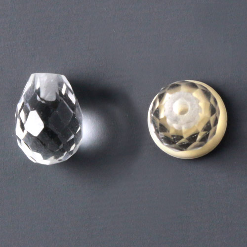 Half-drilled Quartz crystal teardrop, closely faceted, 8x6mm, 1pc