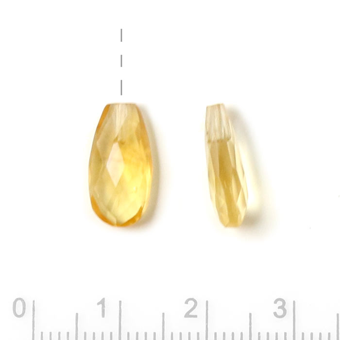 Citrine teardrop, flat, half-drilled, closely faceted, golden yellow, 14x7x5mm, 1pc.