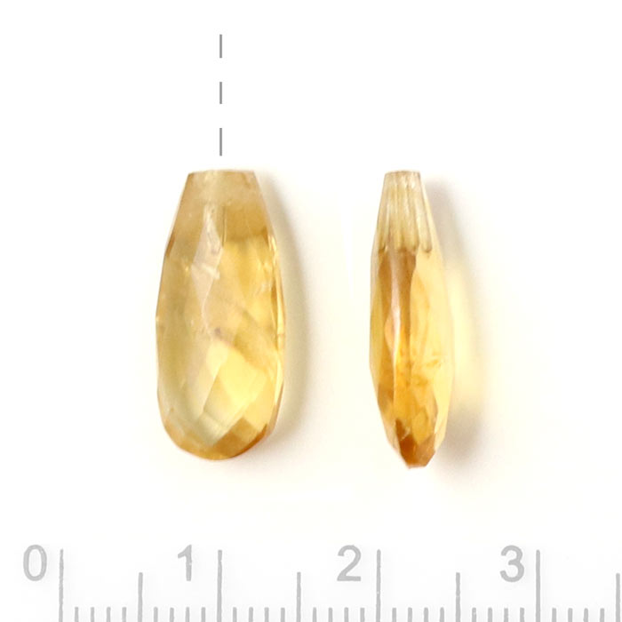 Citrine teardrop, long and flat, half-drilled, closely faceted, golden yellow, 18x8x6mm, 1pc.