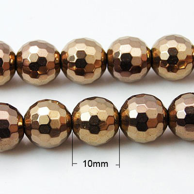 Hematite, copper-plated, entire strand of beads, round, facetted, 10mm, 40pcs.