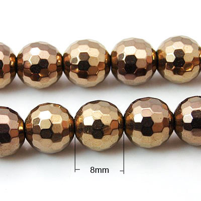 Hematite, copper-plated, entire strand of beads, round, facetted, 8mm, 50pcs.