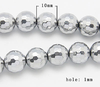 Hematite, whole strand, dark silver, round, closely faceted, 10mm, 39pcs.