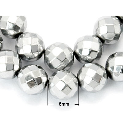 Hematite,half strand, light silver, round, faceted, 6mm, ca. 38pcs