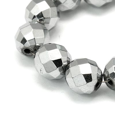 Hematite, whole strand, silver-coloured, round, faceted, 10mm, 39pcs.