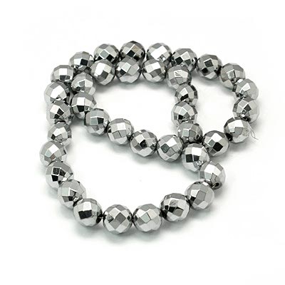Hematite, whole strand, silver-coloured, round, faceted, 10mm, 39pcs.
