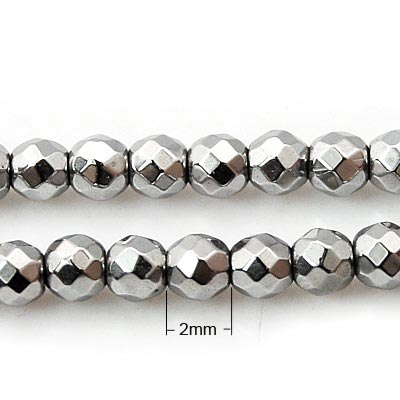 Hematite, whole strand, silver-coloured, round, faceted, 2mm, 160pcs.
