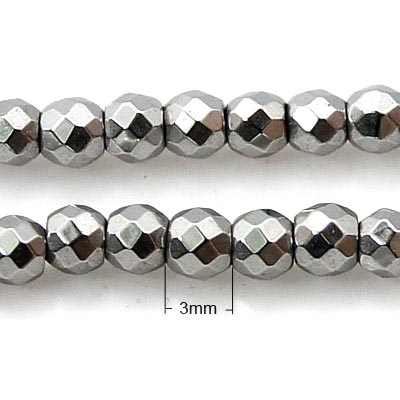 Hematite, whole strand, silver-coloured, round, faceted, 3mm, 140pcs.