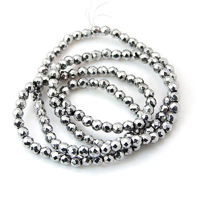 Hematite, whole strand, silver-coloured, round, faceted, 3mm, 140pcs.