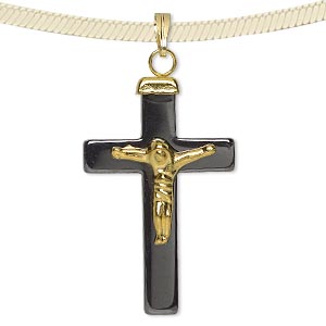 Pendant, black hematite cross w. bail and gilded Jesus, 34x22mm, 1pc.