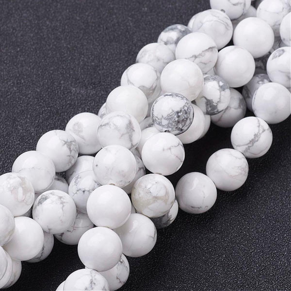 genuine howlite, Round bead, white-grey marbled, 10mm, 6pcs.