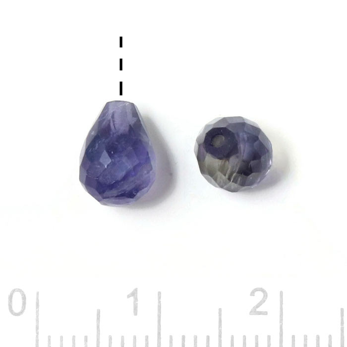 Iolith, teardrop, half-drilled bead, closely faceted, bluish, 8x6mm, 2pcs.