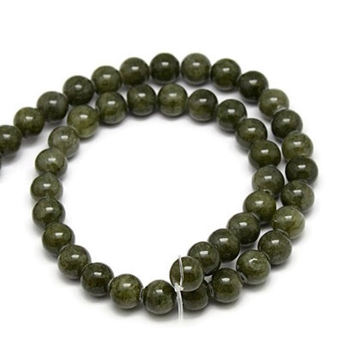 candy jade, coloured, full strand, dark olive green, round bead, 8 mm, approx. 50 pcs.