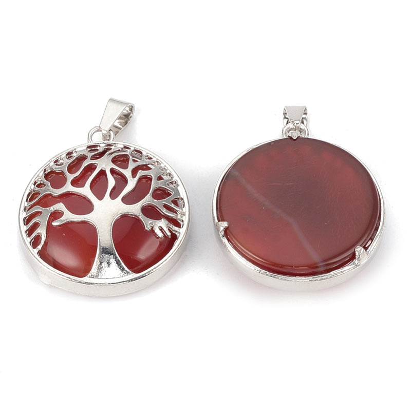 Pendant, silver color, carnelian, red-brownish, round with tree of life, 30.5x27x8mm. 1pc.