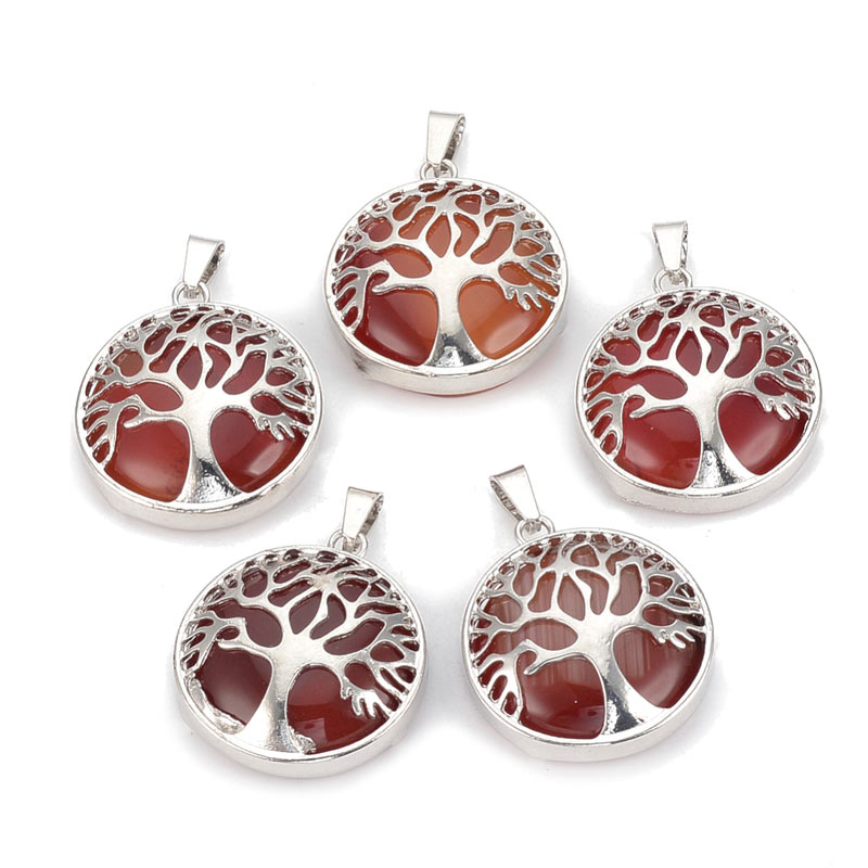 Pendant, silver color, carnelian, red-brownish, round with tree of life, 30.5x27x8mm. 1pc.