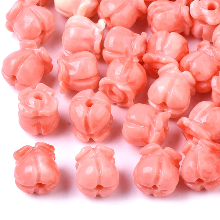 Synthetic coral bead, salmon, tulip flower, 8,5x8 mm, hole 1,5 mm, 6 pieces.