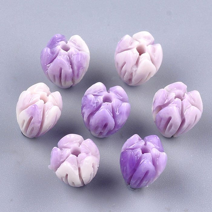 Synthetic coral bead, light purple, flower bud, 8,5x7 mm, hole 1 mm, 6 pieces.