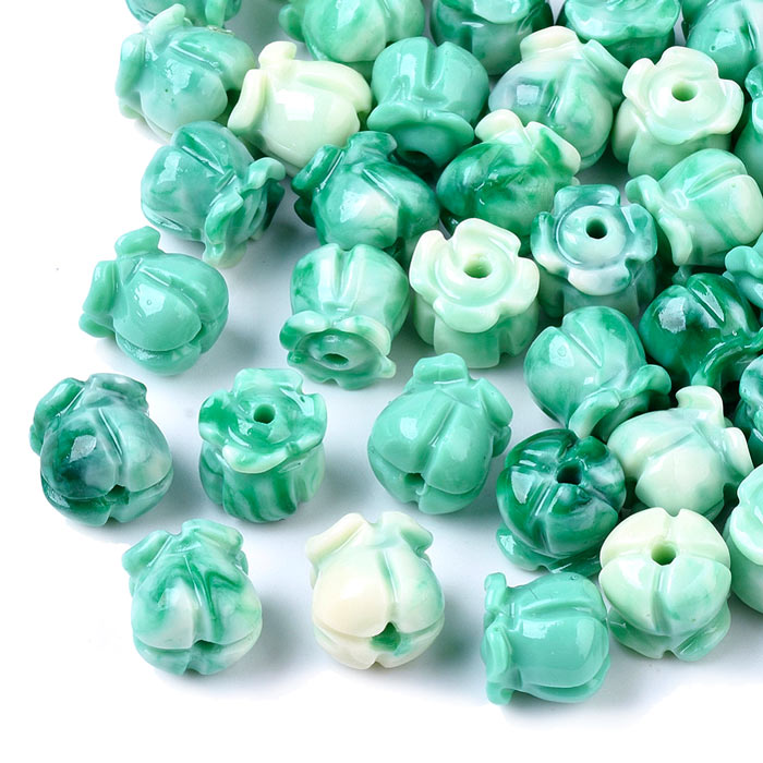 Synthetic coral bead, green, tulip flower, 8,5x8 mm, hole 1,5 mm, 6 pieces.
