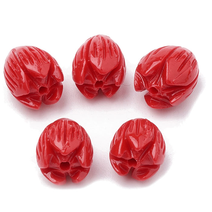 Synthetic coral bead, red, flower bud, 11.5x8.5 mm, hole 1 mm, 4 pieces.