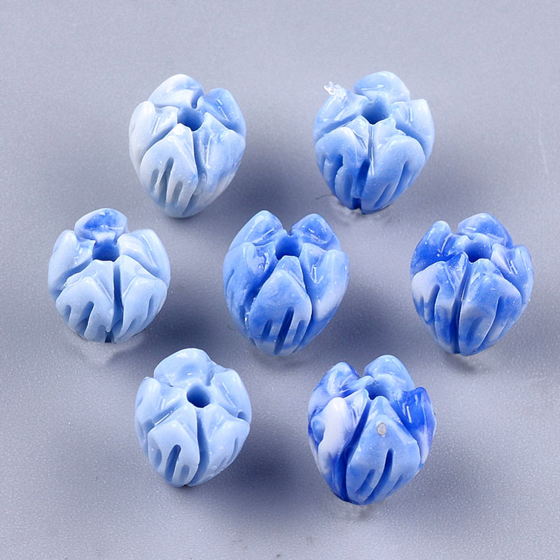 Synthetic coral bead, blue, flower bud, 8,5x7 mm, hole 1 mm, 6 pieces.