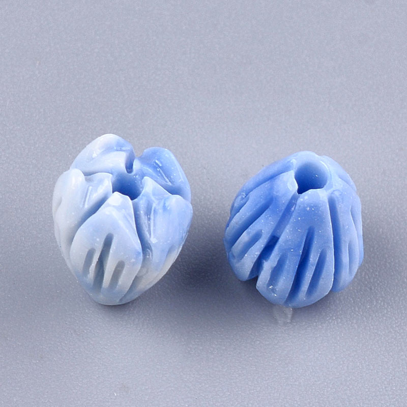 Synthetic coral bead, blue, flower bud, 8,5x7 mm, hole 1 mm, 6 pieces.