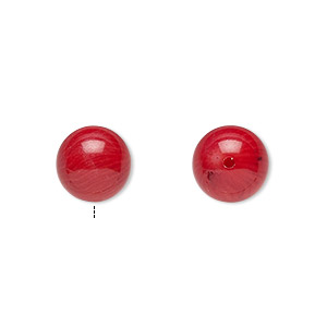 Half-drilled coral bead, dyed, red, 10mm, 2pcs.