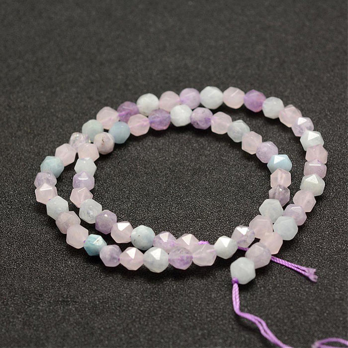 Kunzite, whole strand, mixed purple colors, faceted, uneven, 6 mm, ca. 60pcs