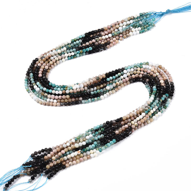 Stone beads, entire strand, black, beige, green, faceted, 3,5x3mm, 130pcs