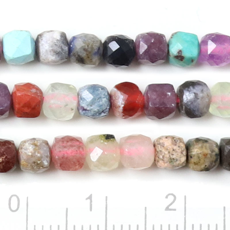 Stone mix, semi-precious stone, cubic beads, faceted, 4.5x4.5 mm, 20 pcs
