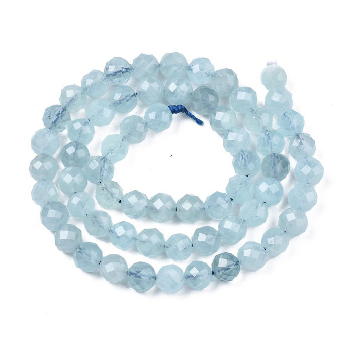 Aquamarine, half strand, round, light blue, facetted bead, 6mm. ca. 31pcs.