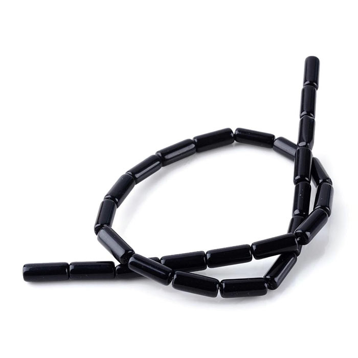 Obsidian tube bead, whole strand, 15x6 mm, approx. 27 pieces.