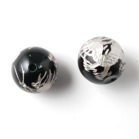 Onyx bead, silver dragon, round, 10mm, 1pc.